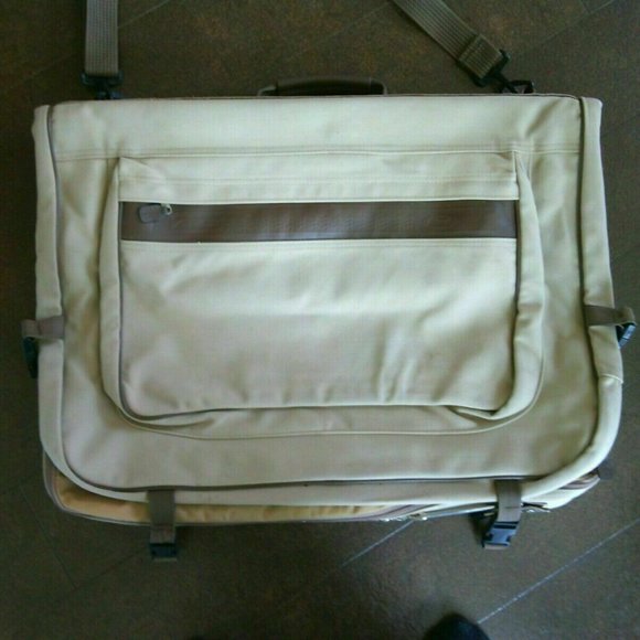 Eddie Bauer Ford Edition Khaki Canvas Leather Garment Bag Luggage Travel Carry - Picture 15 of 16